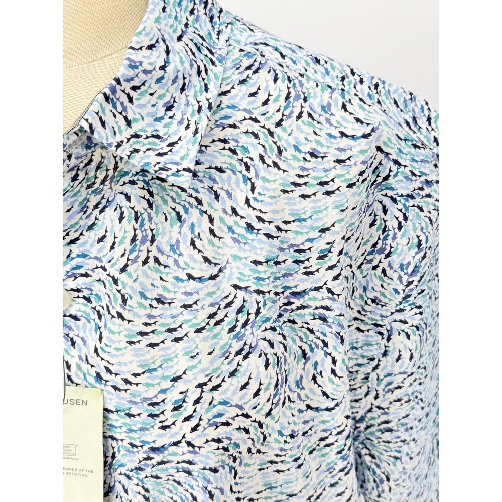 Van Heusen NWT Mens XL Shark Print Button Up Shirt Never Tuck Slim Fit Blue - Picture 6 of 10